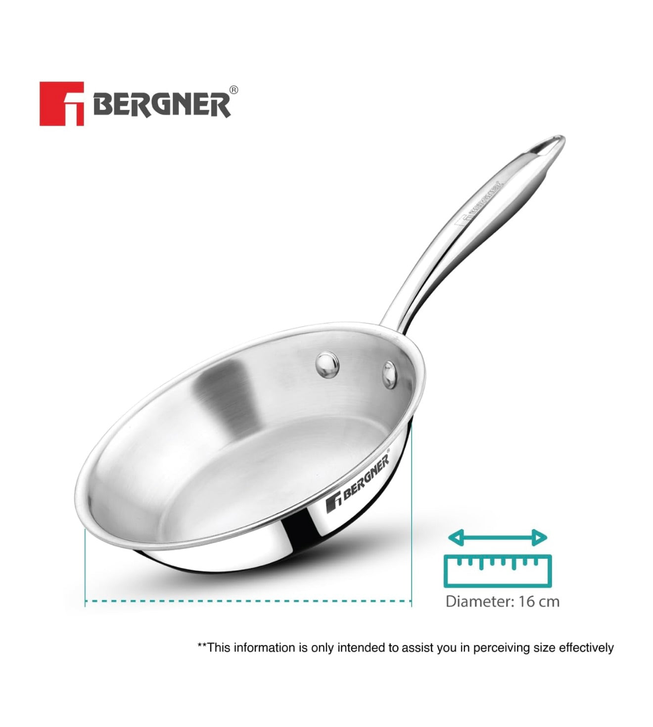 BERGNER Argent Junior Chef TriPly Stainless Steel 16cm (700ml) Fryapn, Mini Frying Pan, Sturdy and Durable, Less Oil Use, Healthy Cooking, Non-Toxic, Easy to Clean - Induction and Gas Stove Ready
