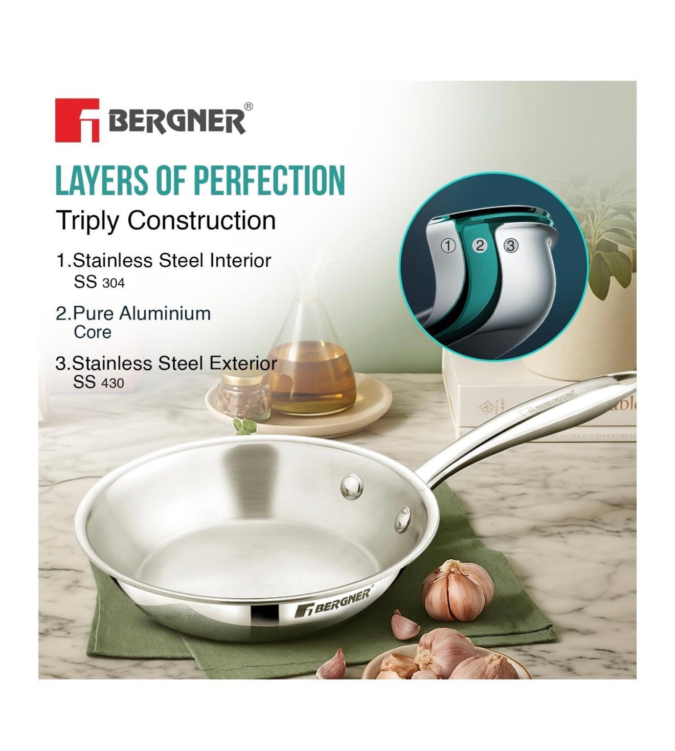 BERGNER Argent Junior Chef TriPly Stainless Steel 18cm (800ml) Fryapn, Mini Frying Pan, Sturdy and Durable, Less Oil Use, Healthy Cooking, Non-Toxic, Easy to Clean - Induction and Gas Stove Ready
