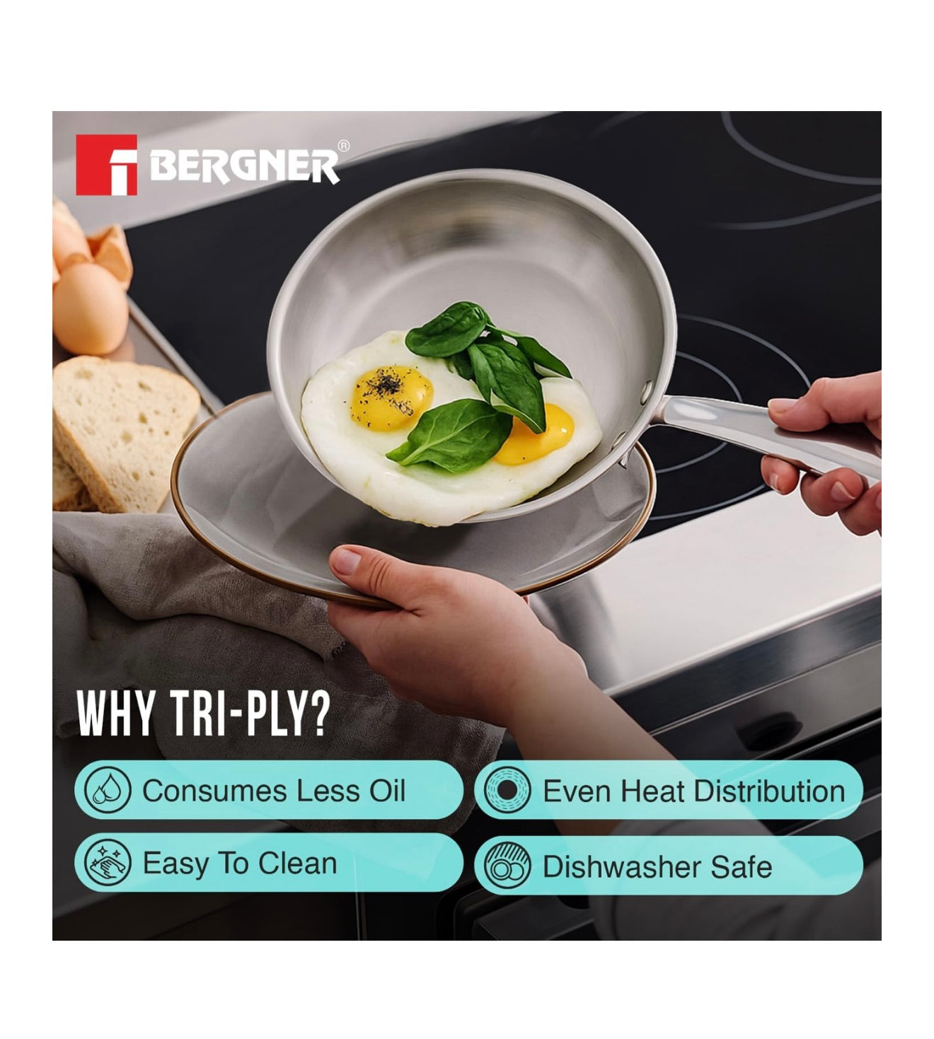 BERGNER Argent Junior Chef TriPly Stainless Steel 18cm (800ml) Fryapn, Mini Frying Pan, Sturdy and Durable, Less Oil Use, Healthy Cooking, Non-Toxic, Easy to Clean - Induction and Gas Stove Ready