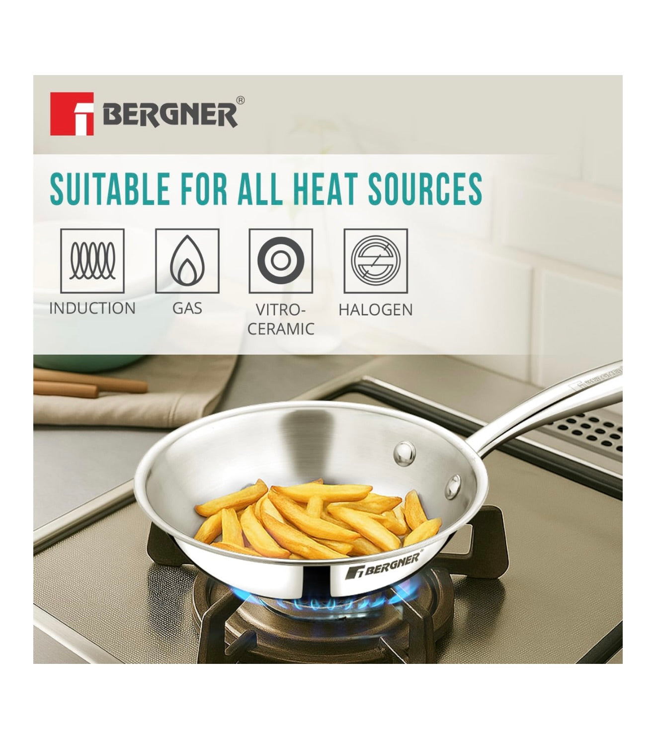 BERGNER Argent Junior Chef TriPly Stainless Steel 16cm (700ml) Fryapn, Mini Frying Pan, Sturdy and Durable, Less Oil Use, Healthy Cooking, Non-Toxic, Easy to Clean - Induction and Gas Stove Ready