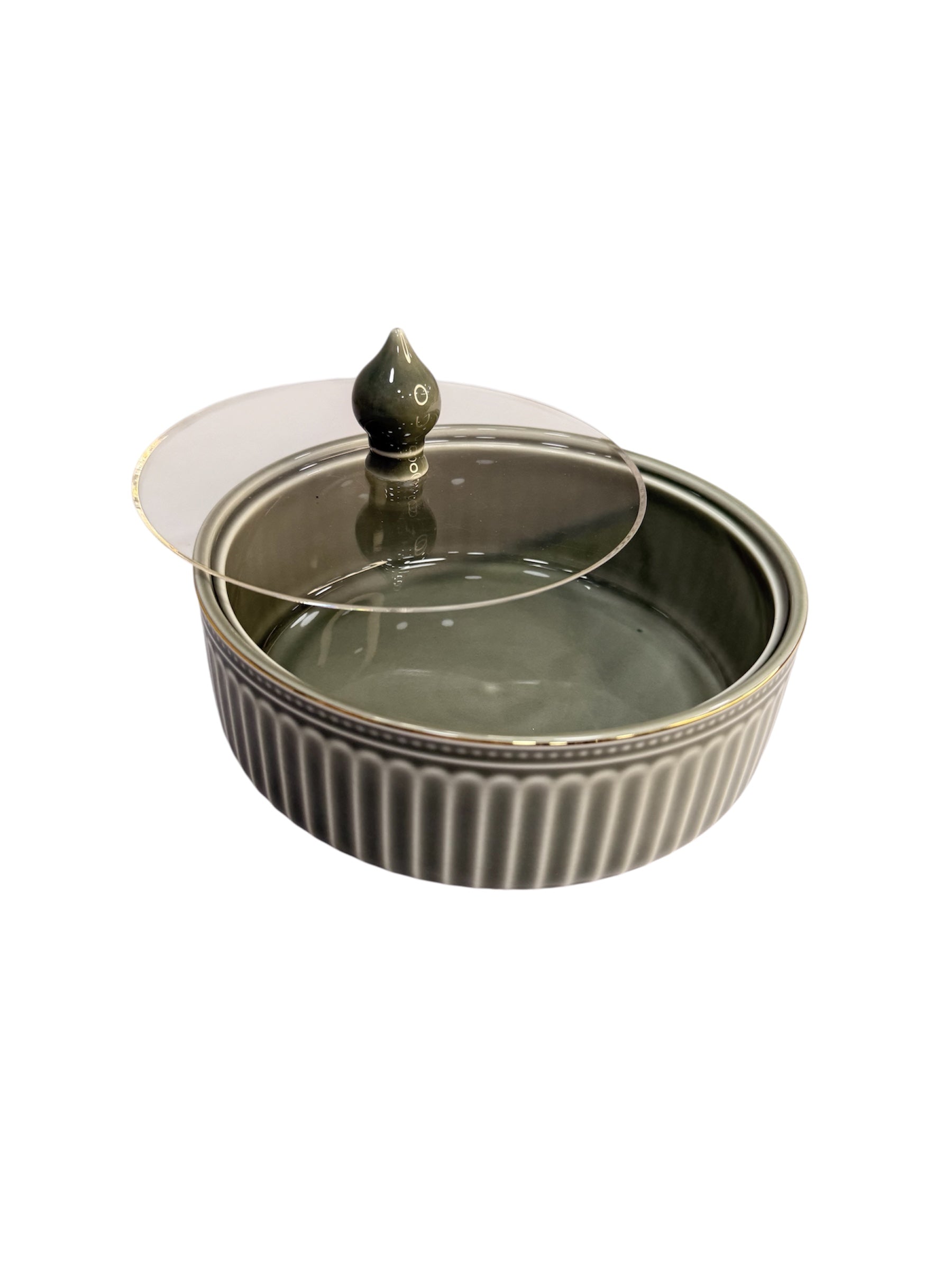 Vintage gold ceramic candy+serving bowl with lid Green